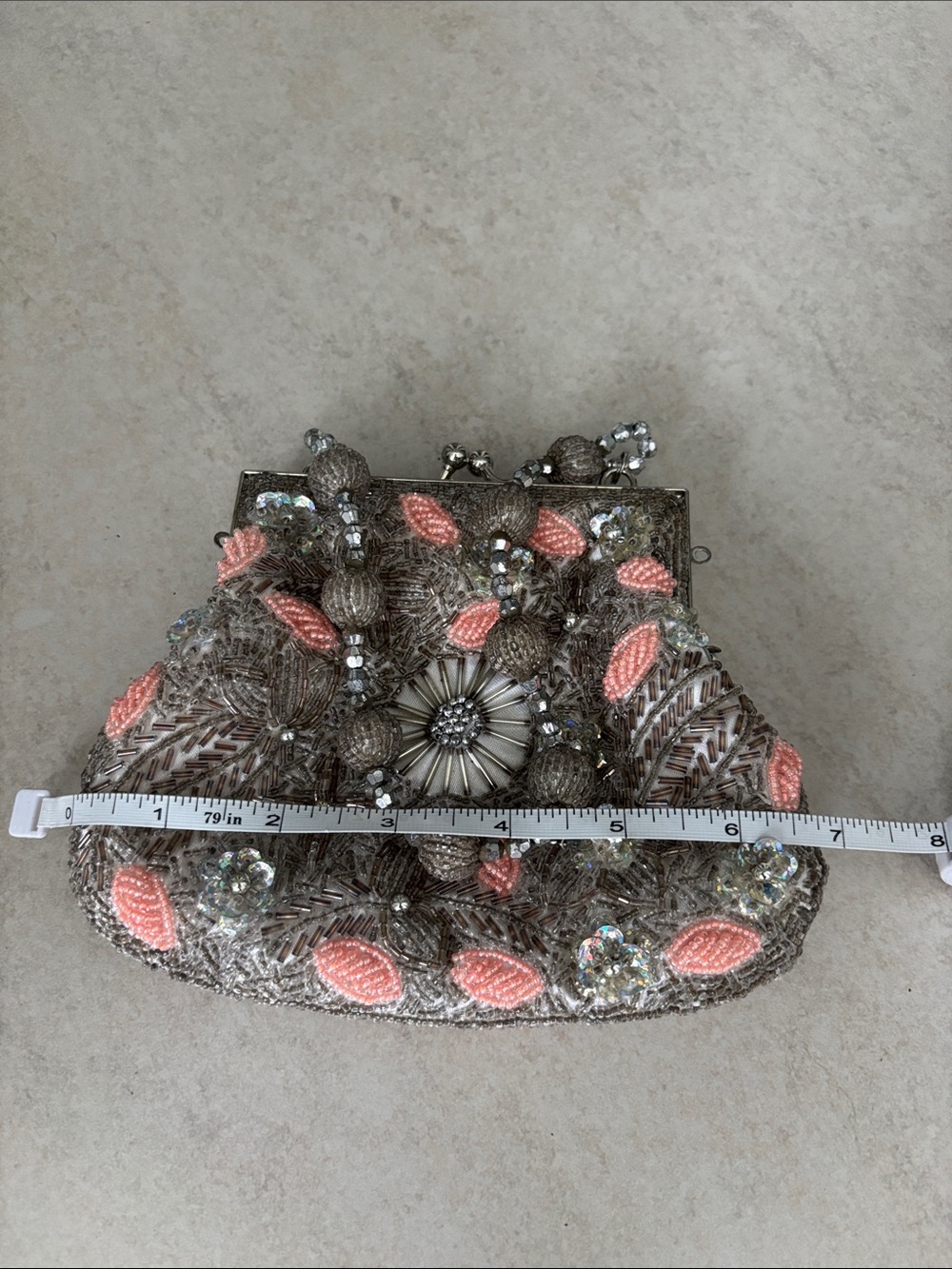 Beaded Embellished Evening Bag in Silver and Coral - Picture 4 of 4